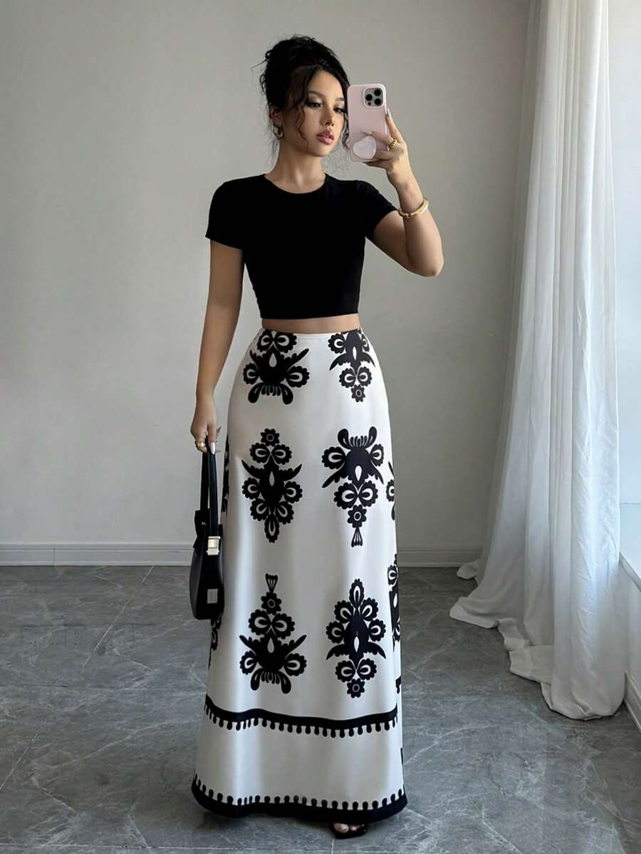 SHEIN Unity Women All Over Print Casual Skirt Maxi Women Fall Cloth For Women - Apricot - View 1