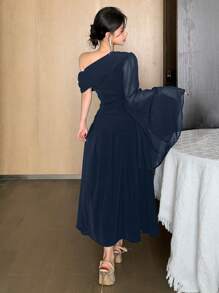 DAZY Damen elegantes einfarbiges Kleid mit asymmetrischem Kragen und Glockenärmeln, elegantes Sommerkleid, formelle Damenkleider - marineblau - Übersicht 4