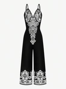 SHEIN LUNE Plus Size Vacation Casual Contrast Color Print Jumpsuit - Black - View 1