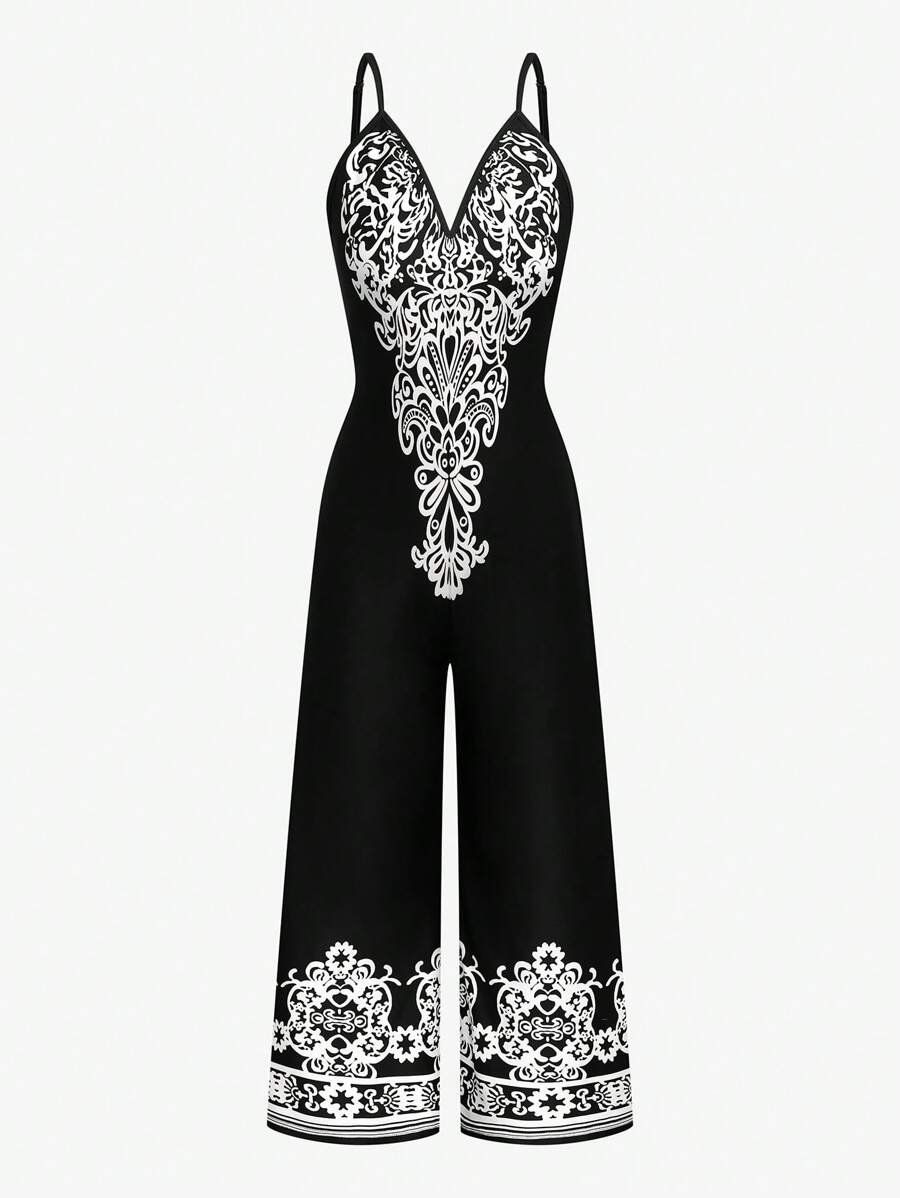 SHEIN LUNE Plus Size Vacation Casual Contrast Color Print Jumpsuit - Black - View 1