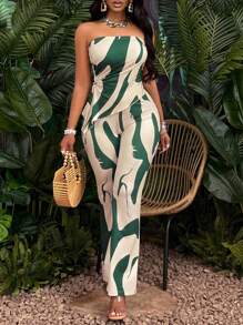 SOLERSUN Áo ống in họa tiết bất đối xứng & quần ống loe cho nữ (Kiểu ngẫu nhiên) - màu xanh lá - Xem 1