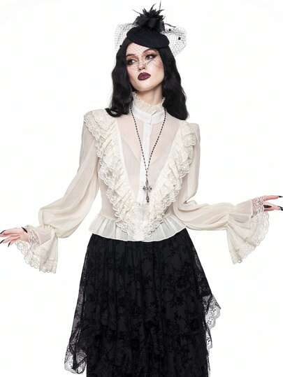 Goth Blusa vintage romantica dal design di palazzo, con volant bianchi e bordi in pizzo