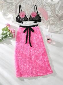 Wedding  SpringBreakOutfit Floral 2pcs Floral Romantic Bow Dress Set - Bra And Midi Skirt Sexy Lingerie For Women Lingerie Set Costume - Pink - View 6