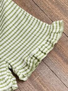 SHEIN Vintaside Kids Baby Girl Striped Print Ruffle Trim Wrinkled Top With Shorts - Green - View 3