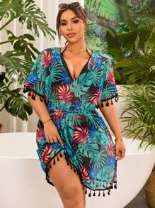 Swim Lushoire Vestido suelto de playa con escote en V, estampado tropical de plantas verdes y flecos, para mujer talla grande, casual de resort - Multicolor - Ver 6