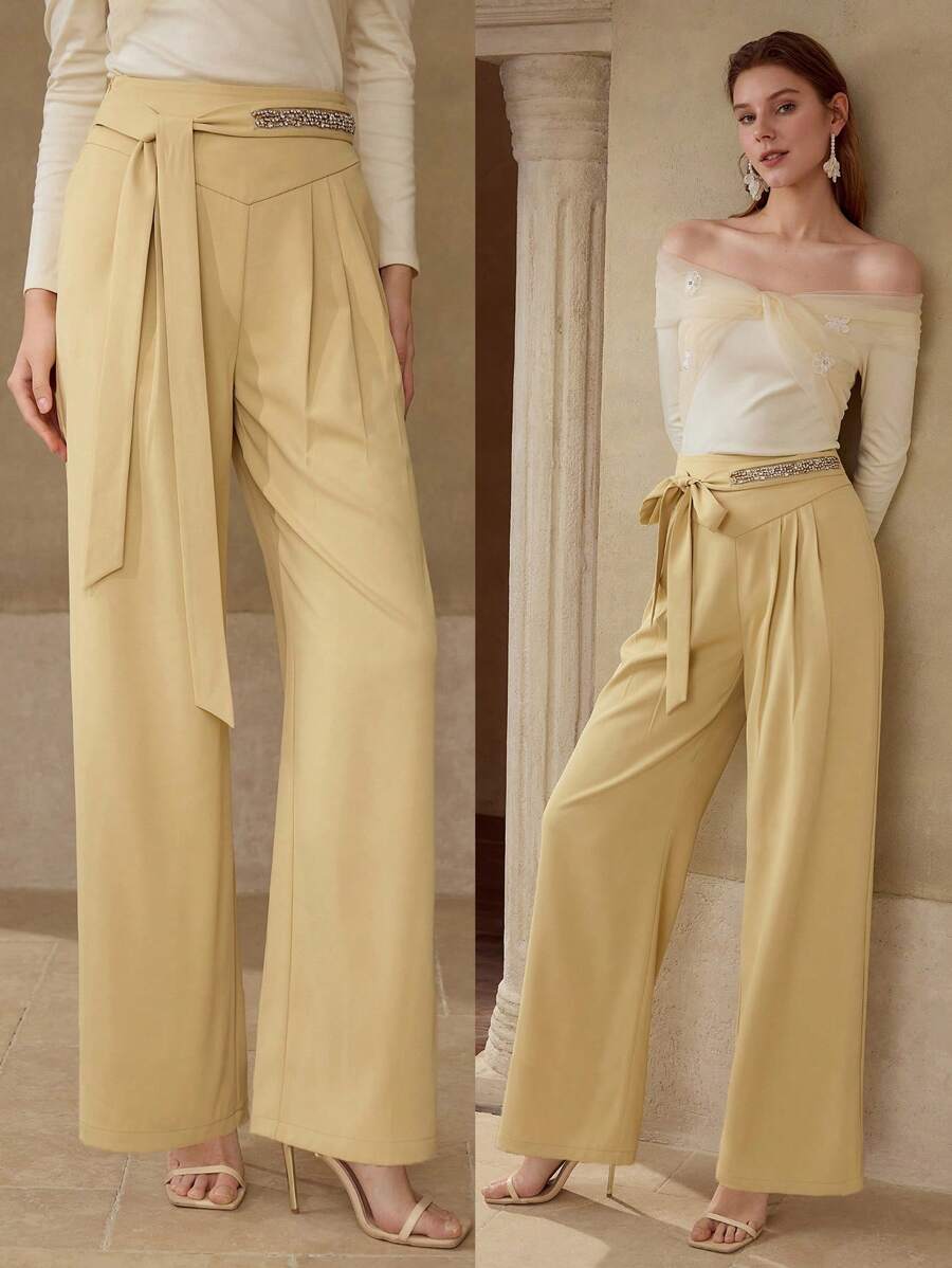 MOTF PREMIUM FOLD PLEATED BELTED SUIT PANTS - Yellow - View 1