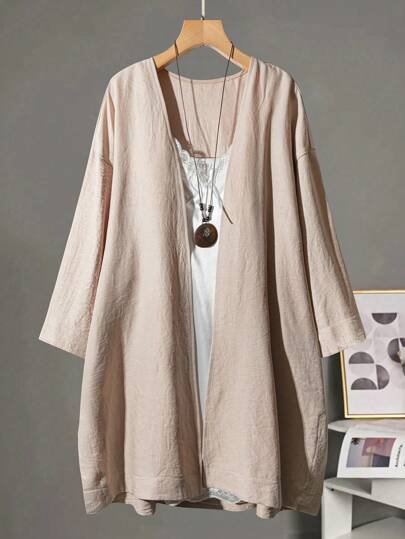 Linhara Plus Size Loose Minimalist Textured Dual-Tone Twill Fabric Side Slit Jacket Winter Fall Autumn