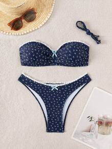 SHEIN 2 Stücke Beachwear Sommer Outfit für Frauen: Ditsy Floral Badeanzug mit Schleifen-Schleife