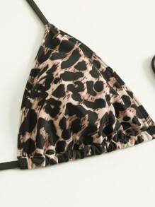 Swim Vcay 3pcs Women Leopard & Floral Print Halter Tie Front Bikini Set With Triangle Top, Casual Beach Holiday Swimwear - Multicolor - View 7
