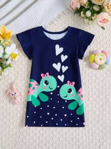 Baby Girls' Simplistic Round Neck Short Sleeve Turtle Print Sleep Dress  Cheap Baby Girl Clothes Infant Girl Clothes Dress Baby Girl Dinosaur Clothes Baby Girls Cheap Clothes - Navy Blue - View 1