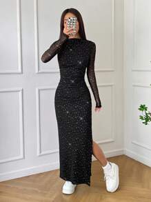 SHEIN EZwear Vestido largo con abertura lateral de malla con lentejuelas, color negro, para mujer - Negro - Ver 5