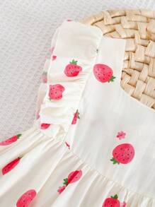 Cozy Pixies Baby Girl Strawberry Pattern Square Collar Ruffled Waist Dress - Multicolor - View 5