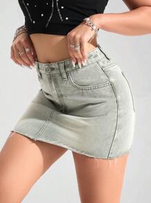 SHEIN PETITE Women's Casual Versatile Denim Mini Skirt With Pockets - Green - View 5