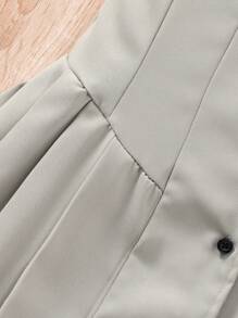 青少年女孩拼色纽扣前褶休闲连衣裙，英式风格