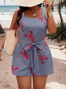 Breezaya Plus Size Women Lobster Plaid Print Casual Jumpsuit