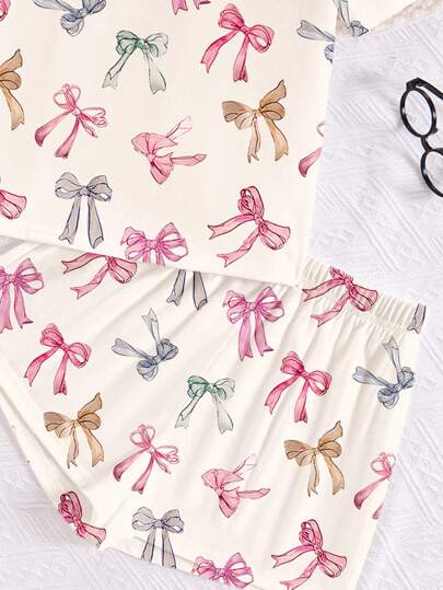 SHEIN Leap Crew Tween 女童休闲蝴蝶结装饰圆领短袖短裤睡衣套装，适合夏季