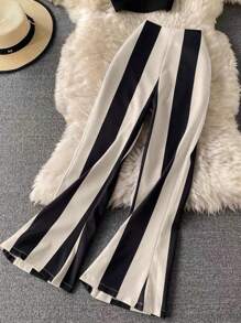 GlowEve Women's Elegant Striped Black & White Contrast Waist Belt Bodycon Flare Pants Fall Cloth For Women - Apricot - View 3
