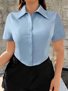 SHEIN EZwear Women's Versatile Solid Color Woven Casual Blouse - Blue - View 1