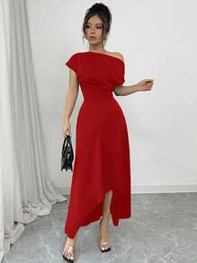 Elenzga 女士夏装，斜肩短袖，前褶上衣设计，不对称下摆前短后长，梭织面料，日常休闲百搭风格