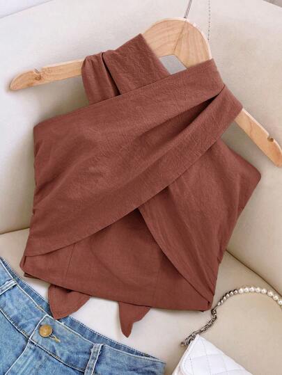 Travachic Women's Solid Color Cropped Criss-Cross Halter Top,Rave Top