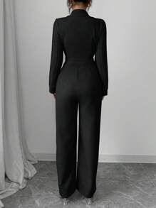 INAWLY 优雅通勤纯色灯笼袖连体裤 - 黑色 - 查看 2