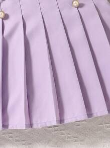 Tween Girls Ruffle Front Button Sleeveless Shirt & Contrast Pleated Skirt Outfit - Violet Purple - View 6