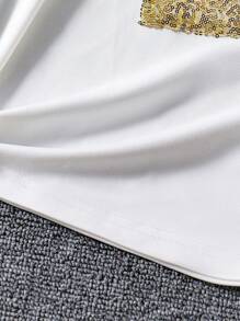 Sparklyn 2 件套青少年女孩休闲宝石装饰圆领短袖 T 恤和优雅透明亮片薄纱裙，适合春夏、假日、夏季、旅行 - 杏色 - 查看 3