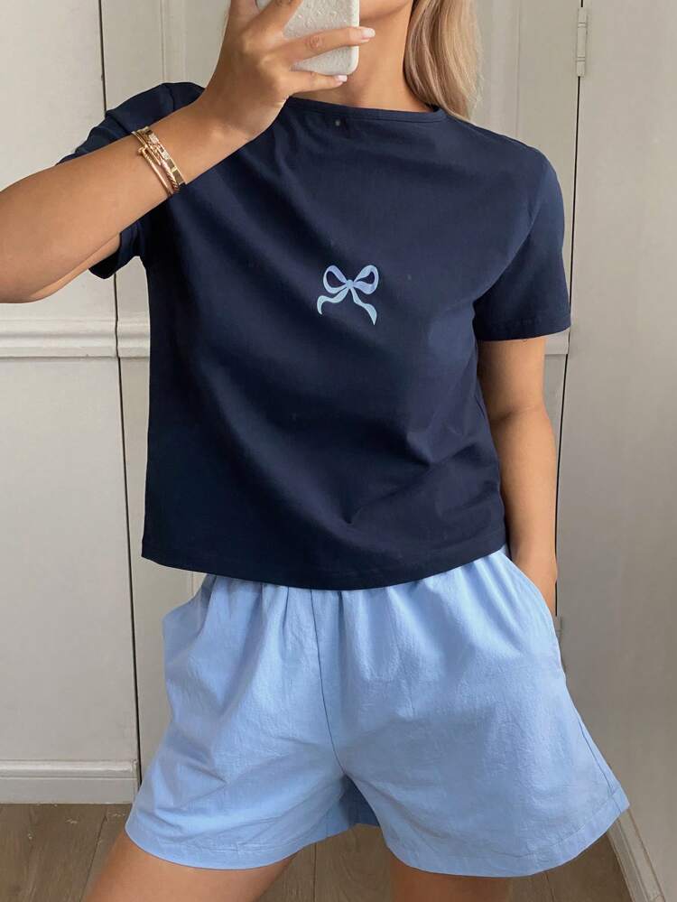 Cute Bow Print Short T-Shirt Top & Solid Color Shorts Pajama Set For Women