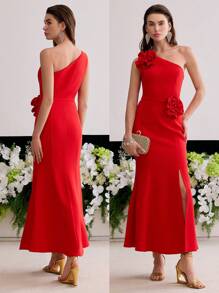 MOTF Soiréza STEREO FLORAL ONE SHOULDER BIAS CUT DRESS - Red - View 7