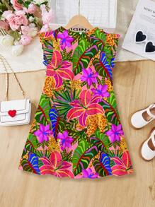 SHEIN Leap Crew Tween 女童休闲丛林花卉图案编织夏季连衣裙，带荷叶边袖，休闲时尚 - 彩色 - 查看 2