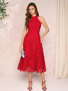 Amorya Women's Red Lace Valentine's Day Halter Dress Fashion Business Casual Woman  Going Out Dresss Women  Summer Outfits For Women,Summer Outfits For Women,Sundress,Spring Break,Lace Floral Dress  Wedding Guest Dress Women