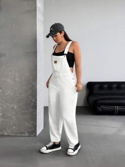 SHEIN ICON Bộ đồ liền thân denim rách thường ngày cỡ lớn có dây đeo cho nữ