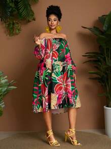 Maweii Abito con stampa tropicale, scollo a spalla, maniche a lanterna, stile casual da vacanza, taglie comode