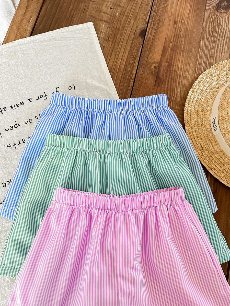 SHEIN LMoss Kids 女童条纹宽松短裤三件套 - 藍色 - 查看 1