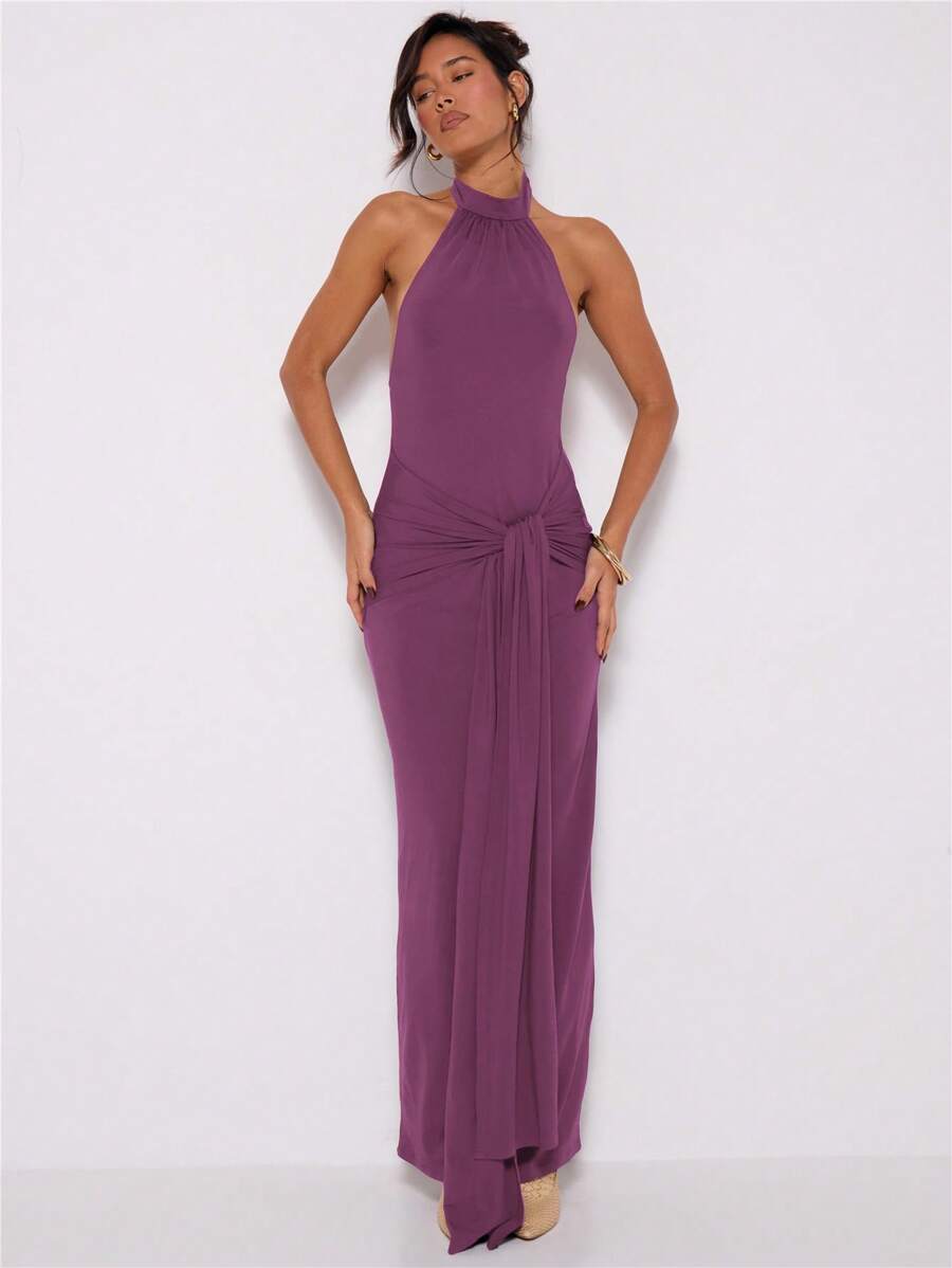 MUSERA Halter Neck Knot Front Maxi Dress For Wedding Guest Graduation Elegant Ibiza Holiday Beach Night Out Wedding Guest Elegant Date Night Fall Winter - Purple - View 1