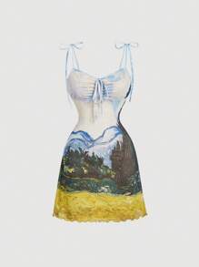 SHEIN MOD 女士针织短袖网眼印花迷你连衣裙，梵高画作印花短款休闲连衣裙