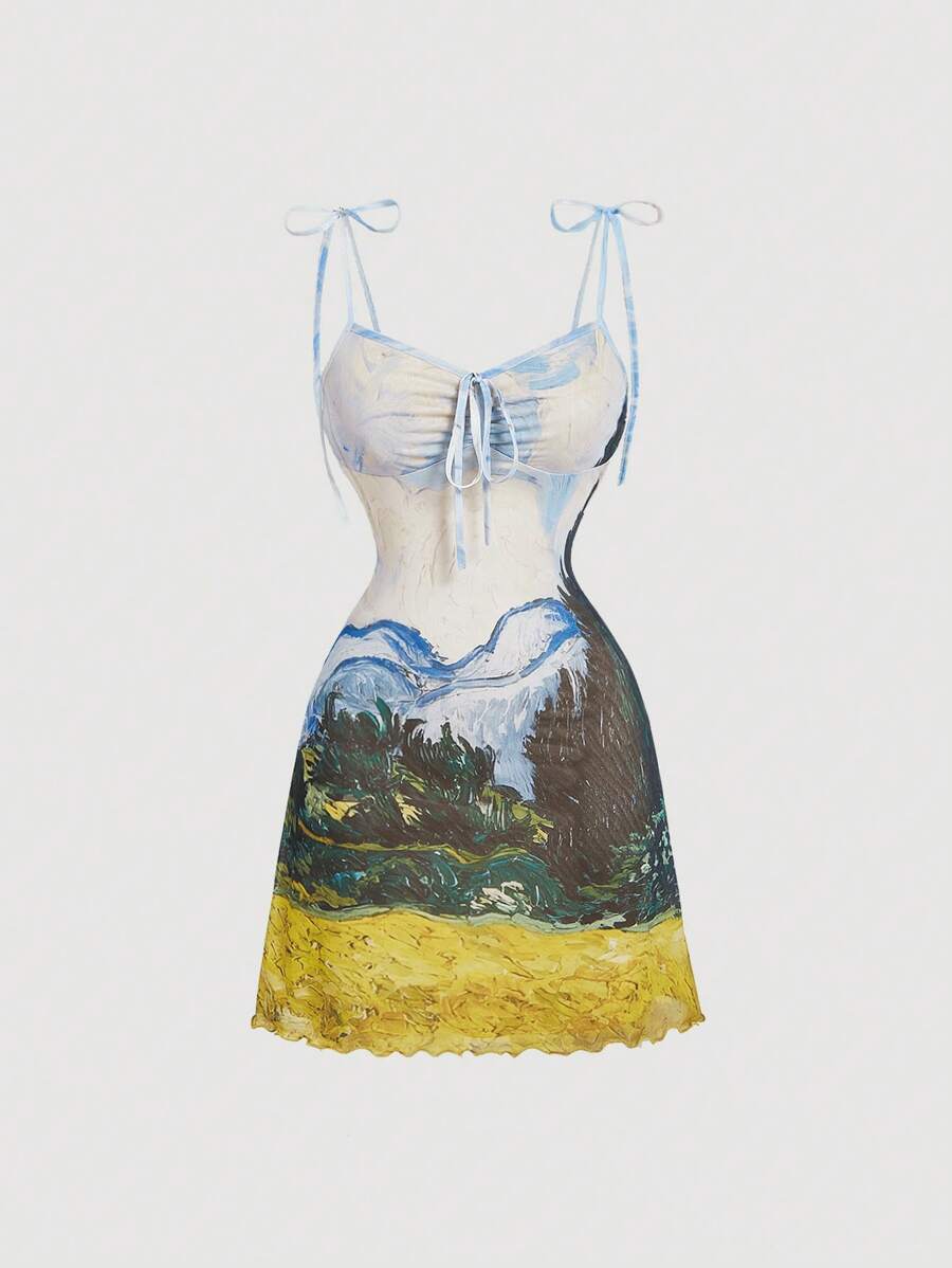 SHEIN MOD 女士针织短袖网眼印花迷你连衣裙，梵高画作印花短款休闲连衣裙