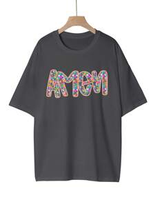 INAWLY Maglietta estiva ampia da donna casual con stampa floreale a piccoli motivi e stampa di lettere, scollo tondo, taglie forti