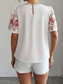 SHEIN LUNE 女士休闲花卉印花圆领短袖衬衫，夏季 - 彩色 - 查看 2