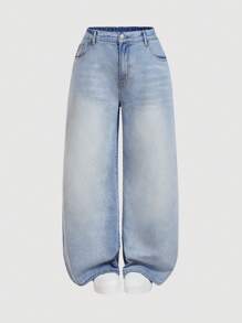 SHEIN MOD 大码低腰宽松阔腿蓝色牛仔裤、堆叠女式牛仔裤、女式妈妈牛仔裤、复古喇叭裤女式牛仔裤