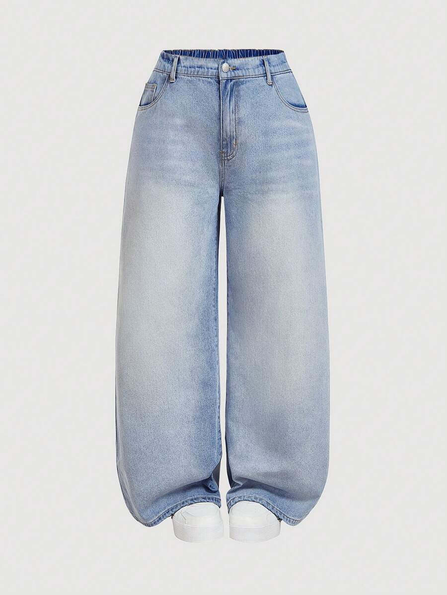 SHEIN MOD 大码低腰宽松阔腿蓝色牛仔裤、堆叠女式牛仔裤、女式妈妈牛仔裤、复古喇叭裤女式牛仔裤