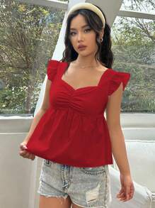 SHEIN Unity Áo sơ mi họa tiết màu trơn có nhún ngực và áo peplum cổ tim - Màu Đỏ Sâu - Xem 5