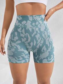 SHEIN Sports Camo Print Wideband Waist Sports Shorts Blue ShortsWomen Sweat Short, Gym Short, Biker Short - Dusty Blue - View 4