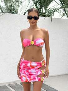 SHEIN Swim 3 pezzi Nuovo arrivo estivo Costumi da bagno da donna con stampa casuale di farfalle e fiori metallici plissettati, senza maniche, adatti per la spiaggia e le località balneari
