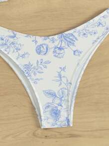 SHEIN Bộ đồ bơi hai mảnh cắt cao in họa tiết ngẫu nhiên nhiều màu mới, đồ bơi bikini đi biển dành cho nữ - Xanh và trắng - Xem 4