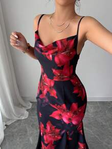 Chiquease Women's Floral Print Plunging Neckline Ruffle Hem Elegant Camisole Dress