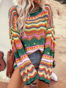 LanaWest Women's Colorful Striped Hollow Out Dropped Shoulder Long Sleeve Pullover Sweater, Suitable For Vacation, Music Festivals, Beach Knit Pullover Fall Winter - Multicolor - View 5