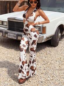 SHEIN EZwear Easter Cow Print Cutout Hollow Neck Knitted Wide Leg Jumpsuit - Multicolor - View 6