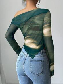 Firerie Camiseta de manga larga asimétrica de mujer elegante con estampado de teñido anudado