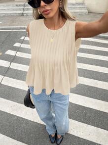 SHEIN Frenchy Áo cánh không tay xếp ly màu trơn thanh lịch cho nữ, mùa hè - Màu be - Xem 6